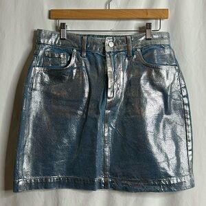 NWT Pilcro Anthropologie Womens Silver Metallic Denim Mini Skirt SIZE 12/14